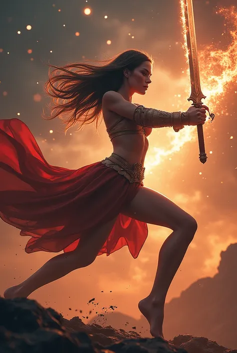  Beautiful woman Stellar character Blade wielding a huge sword is fighting against evil forces,whole body looks real he kicks drifting somersaults attacking opponent