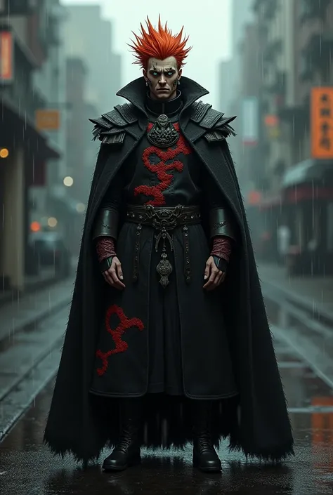 A realistic portrayal of a man with spiky orange hair, multiple black piercings across his face, and pale Rinnegan eyes. He wears a black cloak with red cloud patterns and a metal headband engraved with a scratched-out symbol. Standing in the middle of a r...