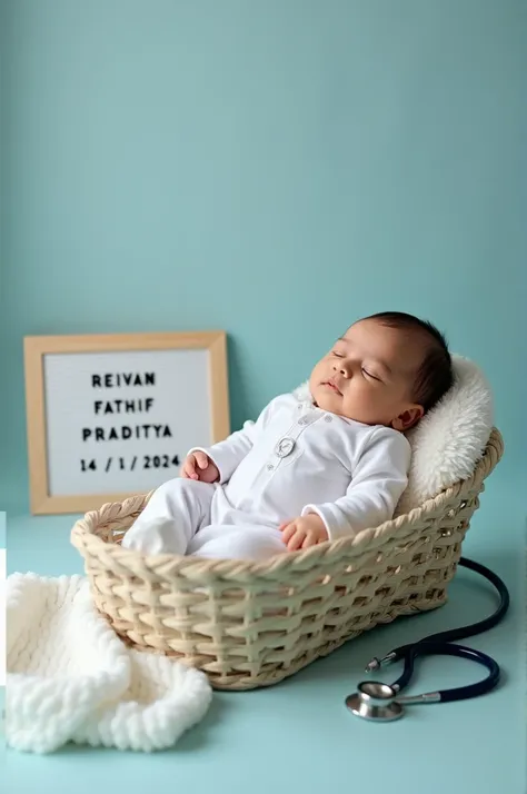 Please make a photo of a newborn baby boy photo shoot with a doctor theme where the baby is lying on a baby basket and wearing a white doctors office shirt and a stethoscope beside him there is an identification board that reads Reivan Fathif praditya 14-1...