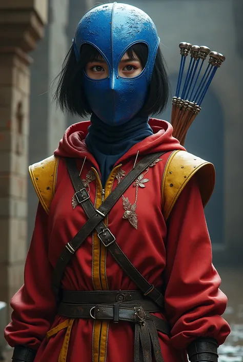  A masked archer who wears a legendary magical blue mask that covers only from the nose up.  Her clothes are red with yellow details . She wears a hood.  She has short black hair and white skin .  When she is masked ,  her clothes hide her feminine details...