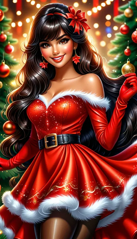 Best quality, acrylic illustration in realistic style, a brazilian beautiful woman with black straight long hair and bangs, make up, lashes, smiling, she is wearing santa claus red mini dress, belt, red leather gloves, your hands is on waits, ((brown tight...