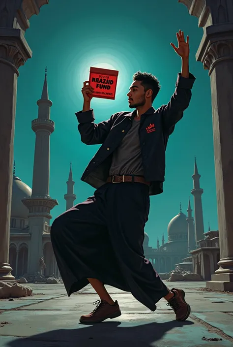 Prompt:
"A critical illustration depicting a Muslim TikToker in modern attire dancing with exaggerated gestures, holding a donation box labeled Masjid Fund in bold letters. The background features the TikTok logo and interface elements, emphasizing the soc...