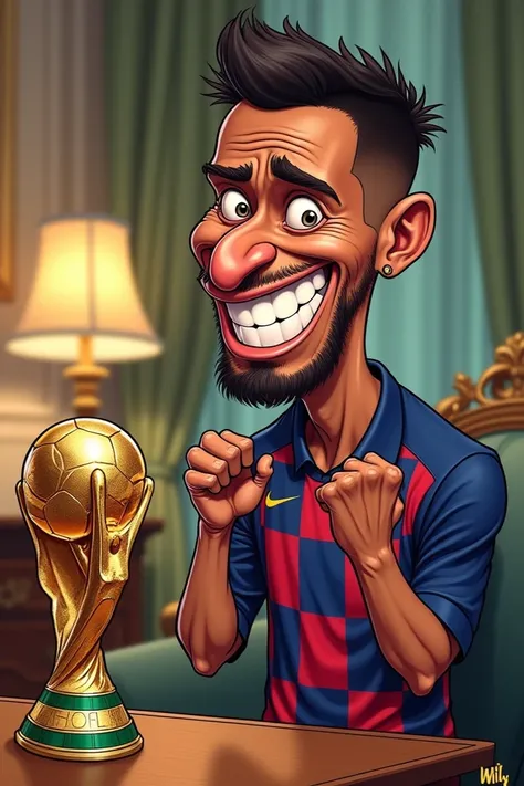 Caricatured Mbappé casually shrugging in a well-decorated room, with a playful, oversized smile, as he denies taking Messi’s World Cup trophy, featuring exaggerated body language and comic-style expressions."