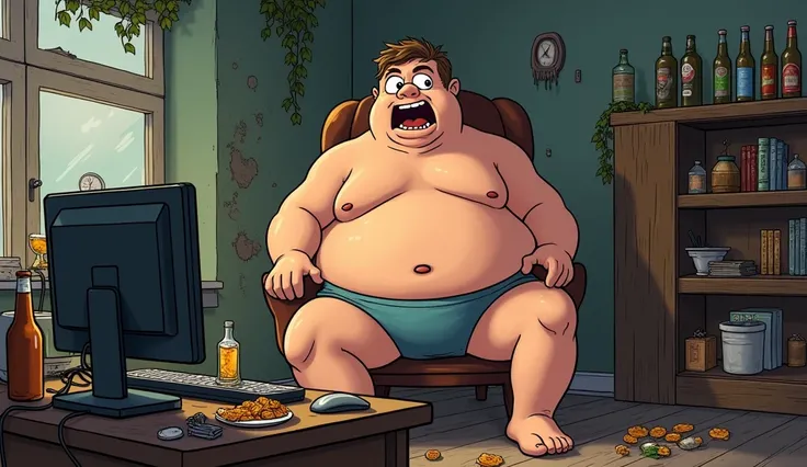 Cartoon Arcane style, very fat guy in underwear, pc nerd, sitting in his dirty room in front of his pc,  beer bottles everywhere, empty snack bags everywhere, and he is shouting at his pc