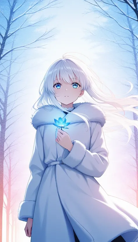 Anime, white hair flowing in the wind, blue eyes, highly detailed face, elegant, Fur coat, winter day background, vibrant colors, cinematic lighting