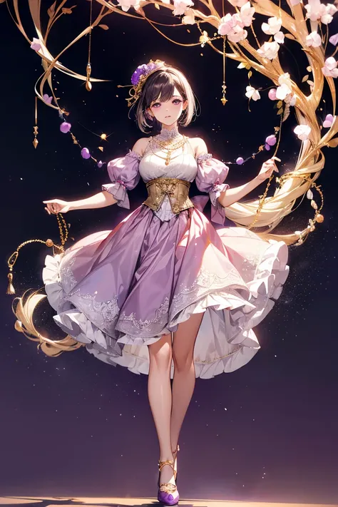 Classy mature young woman is wearing light purple Lolita clothes。 full body front view 、 Asian、The skin is relatively white、Lavish clothing、Silky transparent lace on the clothes、Gold wire trim、Jewelry decoration、 and a pearl necklace hangs over her neck。 s...