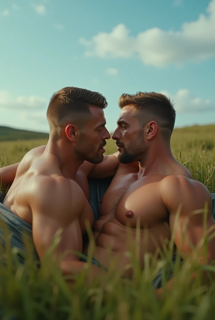 Modern Digital photo of two, handsome, very muscular dark blonde antique era bodybuilders with short hair lying on the grass, embrace, holding each-other, looking into each-others eyes. They are outdoors on a meadow. Blue skies.


