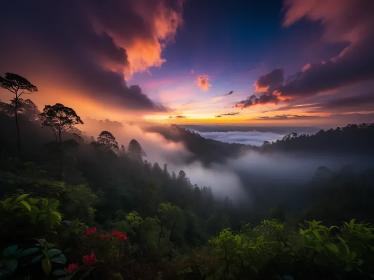 forest  , fog  , flores , Spectacular illuminated sky , sunset , dark, disorder.