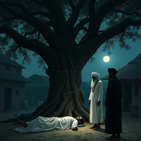 A chilling nighttime scene in a rural village, under the shadow of a massive banyan tree. Beneath the tree lies a body shrouded in white cloth, resting on the ground, surrounded by an aura of mystery and solemnity. Tied to the tree are two figures: one dre...