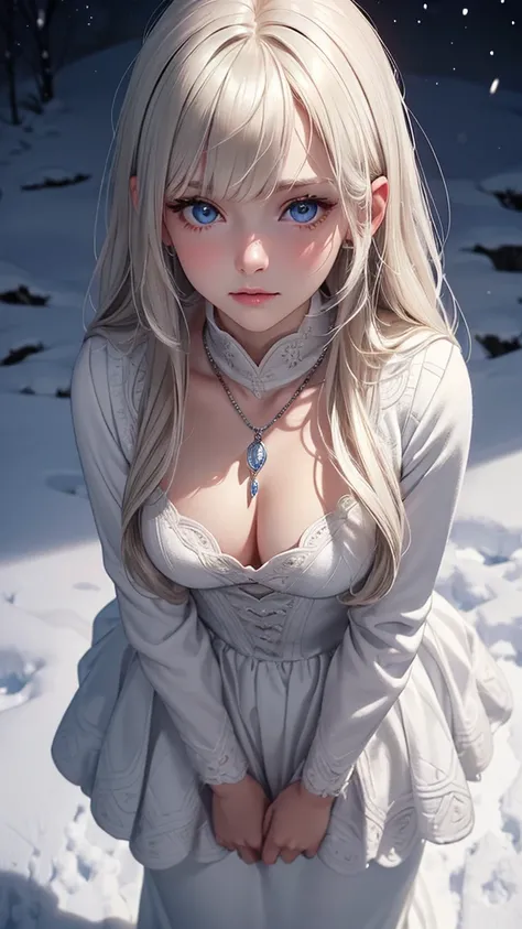 A bewitching Girl, solo, (from above, standing, looking at viewer), depth of field, soft, Cinematic lighting, best shadows, delicate, detailed beautiful platinum blonde, straight hair, unsymmetrical bangs, detailed face, (perfect depiction, bewitching, eye...