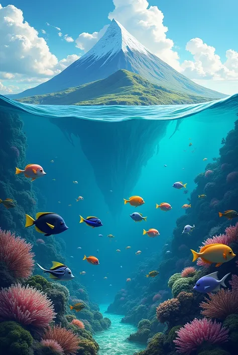 Image with mountain peak  ,picture of the fish under the sea level ,  and the fish under the sea