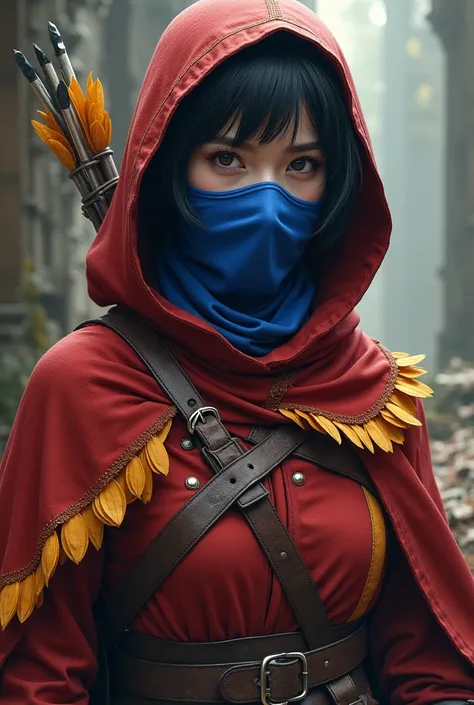 A masked archer who wears a legendary magic bright blue mask that covers only from the nose up.  Her clothes are red with yellow details . She wears a hood.  She has short black hair and white skin .  When she is masked ,  her clothes hide her feminine det...