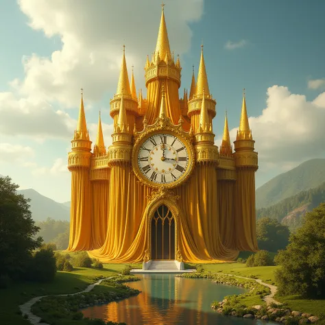 Draw a huge castle covered in gold velvet,  which has a clock instead of windows