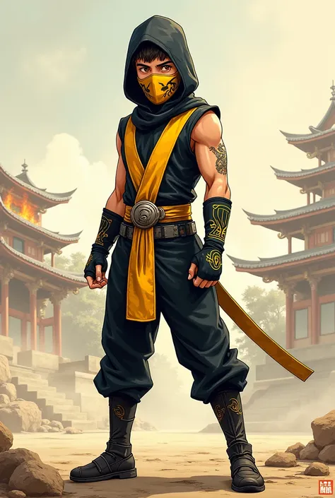 Create a 2D anime drawing of Scorpion from Mortal Kombat but a young version with his ninja costume. Posing for picture