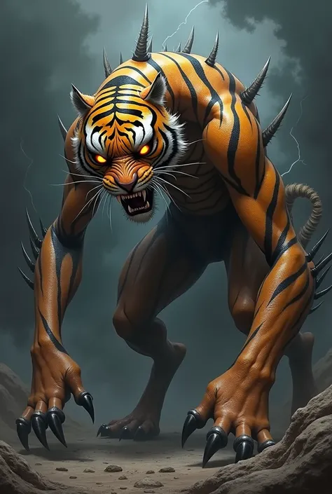 Create an image of a monster hybrid creature that combines Spiderman with a tiger. With a spiderman character who has a sharp gaze