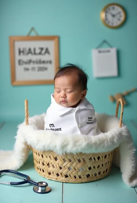 Please make a photo of a newborn baby boy photoshoot with a doctor theme where the baby is lying on a baby basket and wearing a white doctors office shirt and a stethoscope beside him there is an identification board that reads Reivan Fathif praditya 14-11...