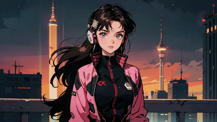 Best Quality, 8k, 1990s Style, 2010s Hairstyle , Very beautiful 21 year old girl ,  Black Hair ,Droopy eyes, Long Hair, Big Breasts, smile, Wear big headphones ,  characters  I cant control my light brown eyes,  staring at me  ,  vivid color suit, Night vi...