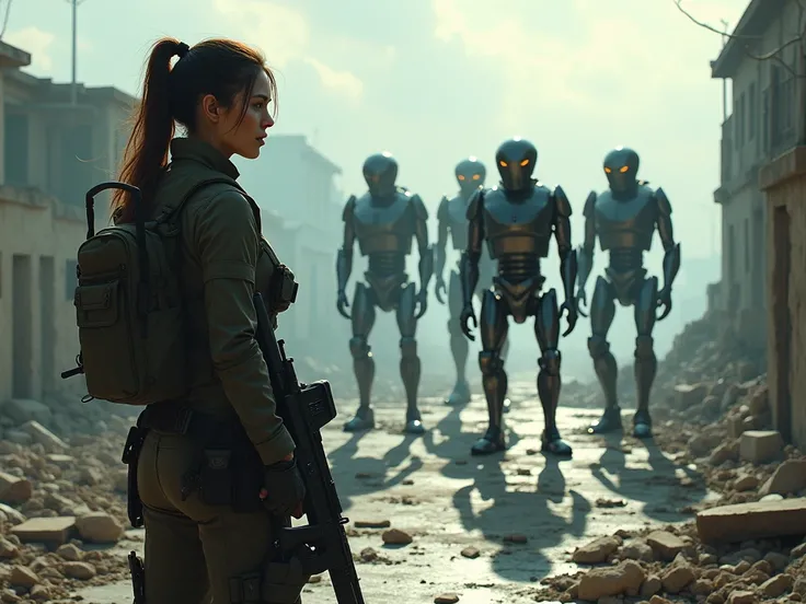 An armed woman on a destroyed terrace watches a group of dangerous robots passing below.