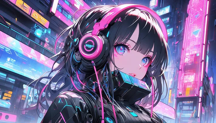 Create an anime-style illustration of a cyberpunk-style female bus guide in the year 2100 singing into a microphone on a bus.
The bus guide wears a futuristic rubber uniform and has headphones hanging from her neck.
The design will incorporate elements suc...