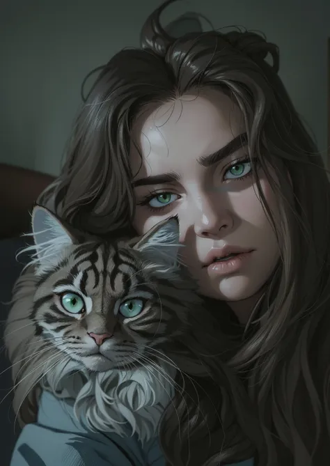 A moody and intimate portrait of a young woman and her long-haired tabby cat, both staring directly into the camera. The young woman has soft, natural features with long, flowing brown hair framing her face, and a thoughtful expression. The cat has strikin...