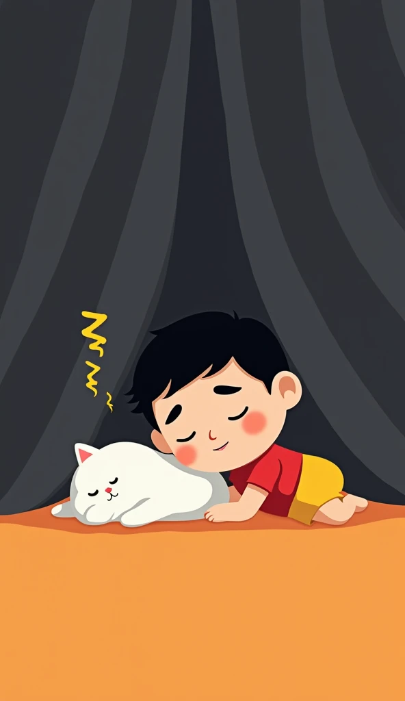 "Create an image featuring a cartoon-style scene with a small  and a white cat sleeping peacefully. The  has thick black eyebrows, closed eyes, and a round face with a  wearing a red shirt and yellow shorts. The  is lying on his stomach with his head resti...