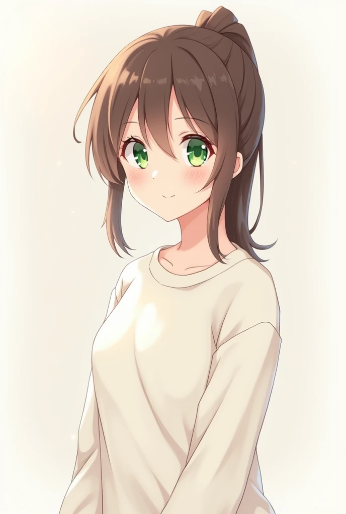 Oc of anime characters， brown angled ponytail， Green Eyes ，Smile，Pure white sweatshirt