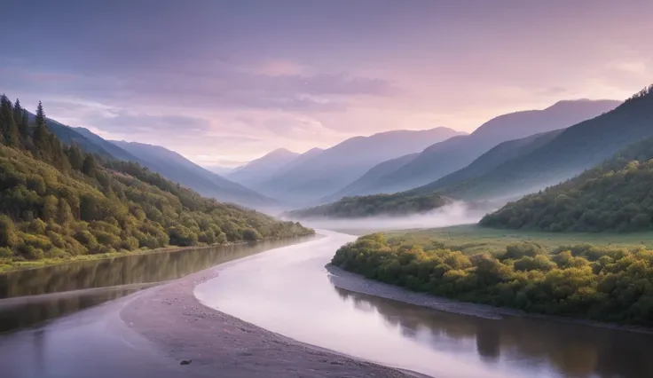 A calm river winding through a misty valley, with soft pastel skies above
