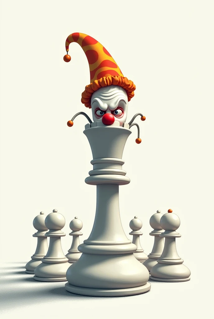 Create an image of a white chess king unit wearing a clown hat, white background, with his pawns following him, just like a cartoon 2d, not realistic. Make it dark because its supposed to be a poster/awareness about voting wisely. Make the king scary 