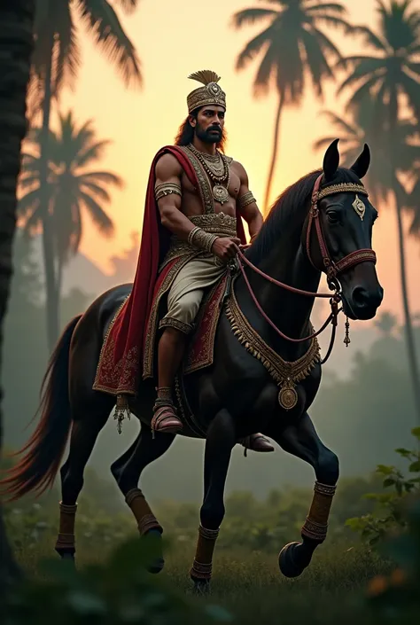 an indian king riding on his horse and both looking confident and hs good dresing with background of dusk (evening )in jungle and
trees slightly visible,