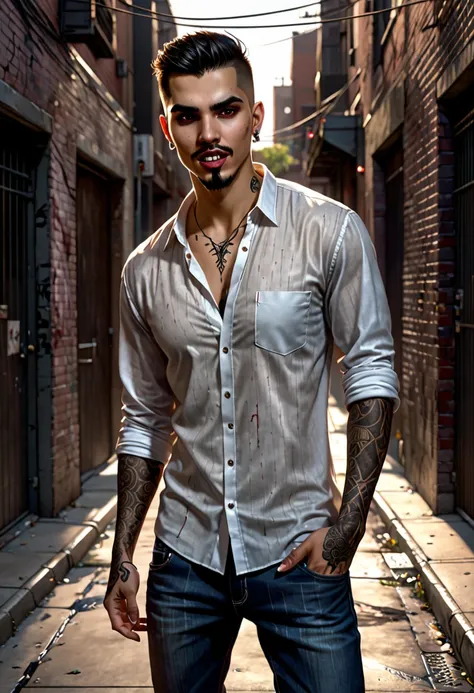 in the style of Charlie Bowater, (UHD),Vampire, Detealized face, fangs, man in an alley, net shirt, latino, jeans, barefoot, mouth open to bite, brown short hair, small tattoo (cross) on face (right cheek), 