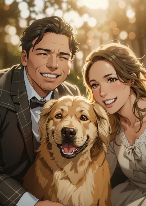 A joyful and radiant outdoor portrait of a couple and their golden retriever, set in a warm, sunlit environment. The man, dressed in a plaid suit with a bow tie, and the woman, wearing an intricate lace wedding dress with her hair styled in soft curls, lea...