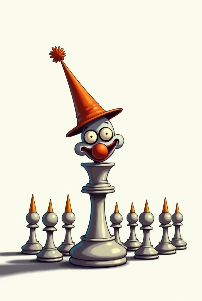 Create an image of a white chess king unit wearing a clown hat, white background, with his pawns following him, just like a cartoon 2d, not realistic. Make it dark because its supposed to be a poster/awareness about voting wisely. Make the king scary 