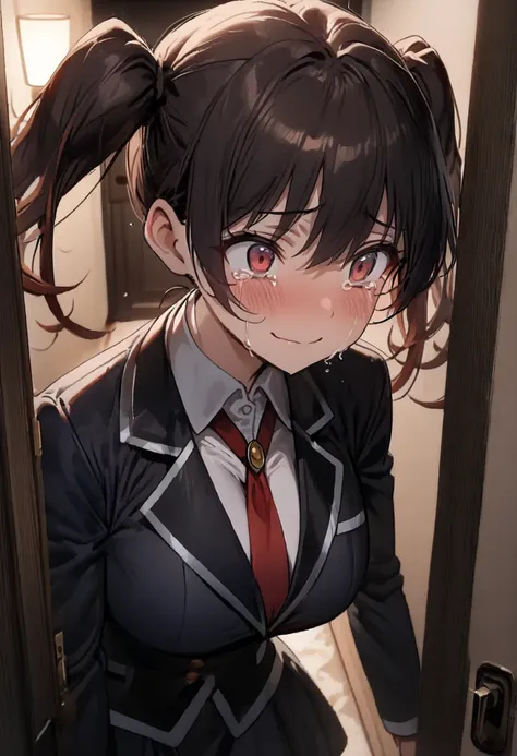 (  Masterpiece ,   top quality:1.2), (((One anime girl))) , (((Alone))),   Expressive Eyes ,  sexy,  blazer uniform, ((( dark haired twin tails ))). ((( straight hair))), ( Crying Face), (((Reddish brown eyes))), ((( Stand across the apartment door))), Mid...