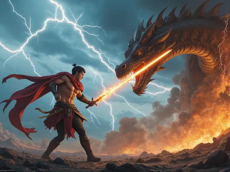 A man wields a fiery sword and fights a huge Lightning dragon in front of himSuper Detailed, Textured Skin, UHD, 8K Octane