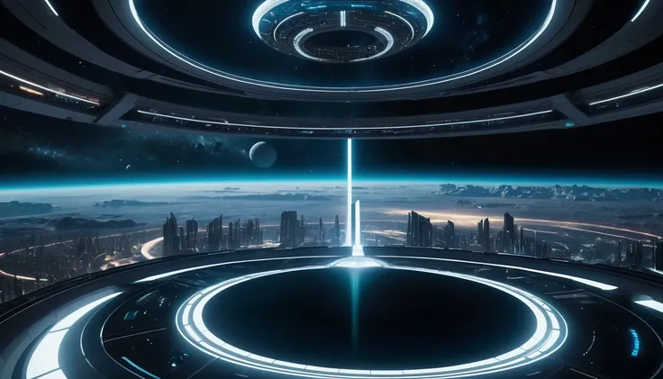 A photo-realistic, ultra-realistic, and cinematic first-person view from inside a sleek, angular spaceship, soaring above a massive futuristic space colony in the shape of a ring. The interior of the spaceship is modern and highly detailed, with a high-tec...