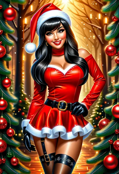 Best quality, acrylic illustration in realistic style, a brazilian beautiful woman with black straight long hair and bangs, make up, lashes, smiling, she is wearing santa claus red mini dress, belt, red leather gloves, your hands is on waits, ((brown tight...