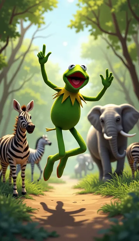   " Kermit is in the middle of a clearing in the
 woodland,  surrounded by other animals such as zebras , elephants and birds . He jumps excitedly ,  gesturing and shouting proudly ." ( Picture like nude comics )