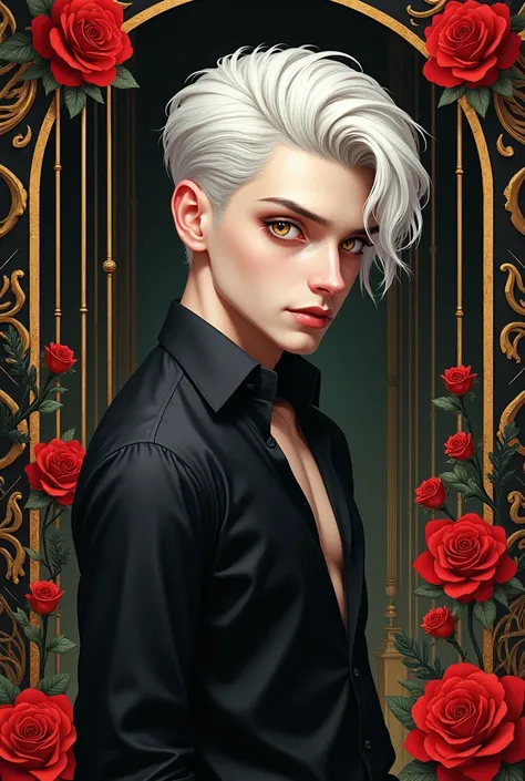 Boy,  white hair neatly combed back , smooth face,  amber-yellow and alluring cunning eyes ,  dressed in a black silk shirt and you can see the press , light white bars ,  bright black gold Egyptian-style room decorated with red roses, full-length audacity...