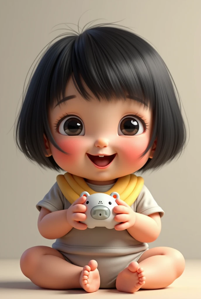 Asian, toddler, boy, very short hair, bob cut, black hair, straight hair, happy, surprised, slim, black eyes, nude, pacifier, bib, uncircumcised penis, uncut, toy,