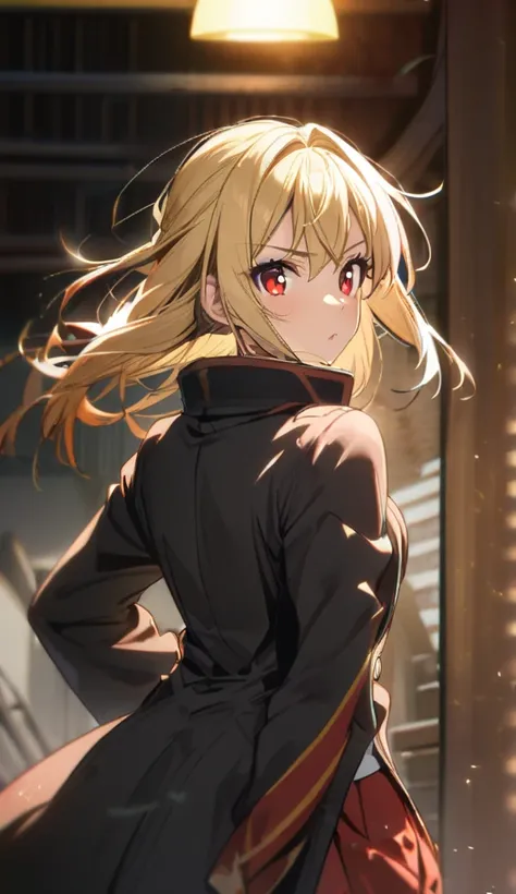 1girl, Blonde Hair, Red Eyes, with coat pant with black 