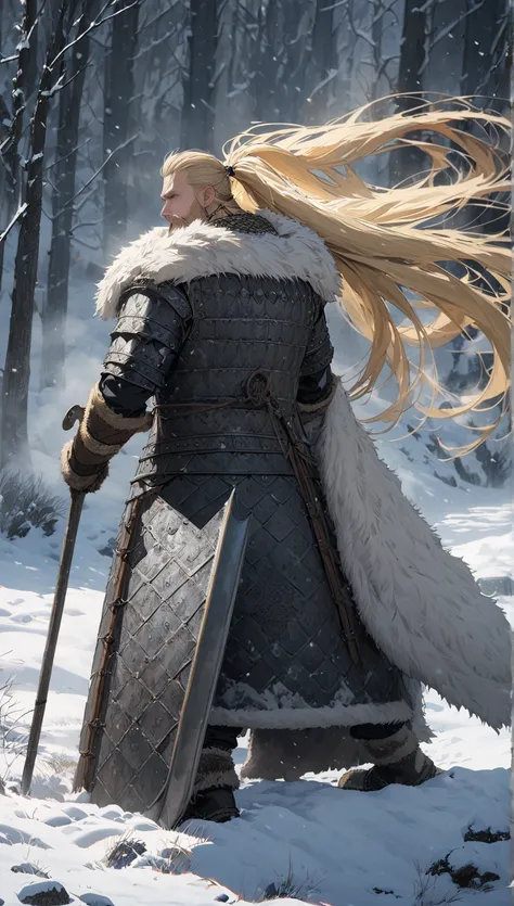 full body, adult male, long blonde hair, high ponytail, blue eyes, beard, old nordic viking armor, viking warrior, shield, snow, fur cloak, Masterpiece, best quality, Full HD, 8k, ultra details, great graphic