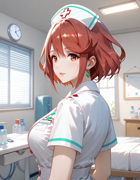 As a doctor, you notice young nurse standing with their back turned towards you, glancing back over their shoulder.,
looking back, indoors, lights, evening light, Hospital examination room,
pyra (xenoblade), 1girl, red hair, short hair, swept bangs, bob cu...