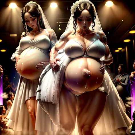 (hyper pregnant:1.5). lesbian kiss. high heel. very very long hair. ponytail. stockings. (hyper breast:1.5). (hyper hips:1.5). kissing. lake. walking. (muscles:1.5). (muscled:1.5). bra. pants. kimono. (hyper high:1.5). open coat. latex. tattoos. torn. grow...