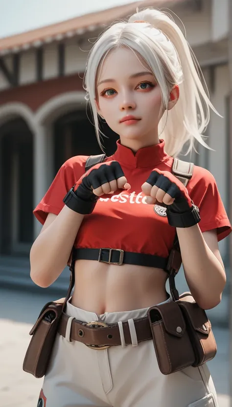 (masterpiece, best quality:1.2), solo, 1girl, White skin, white-skinned female, looking at viewer, ponytail, red crop top, fingerless gloves, belt, pouch, white background, 3D, paw pose,