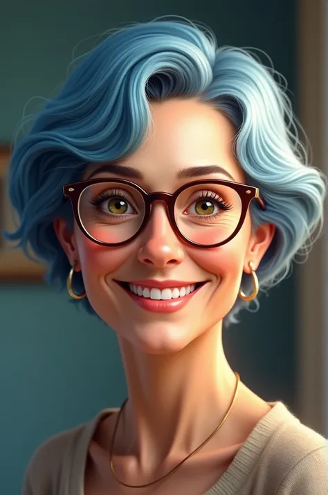 A woman of 60 years of age. Blue short hair , glasses on , smiling