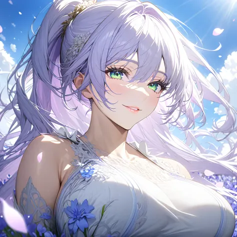  Superior quality high resolution ,Ultra Detailed,portrait,  Exquisite white long skirt , ((simple dress)), permanent, flower field ,long light purple hair,  ponytail ,smiling woman, ((large breasts)),  beautiful and detailed eyes ,Beautiful lip details ,p...