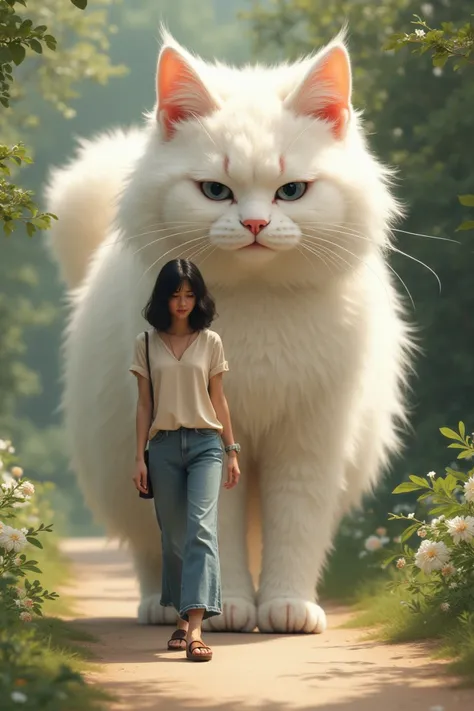 A woman in casual dress walks with a giant angora cat