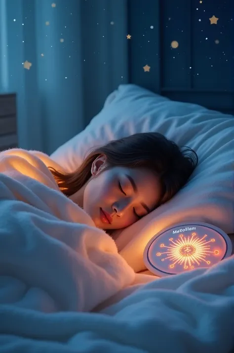 A person sleeping soundly, wrapped in a cozy blanket, glowing softly. Nearby, a metabolism meter fills up with bright colors, and small animated fat cells shrink and disappear. The background shows a dreamy, starry night sky with soothing tones of blue and...