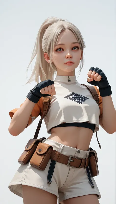 (masterpiece, best quality:1.2), solo, 1girl, White skin, white-skinned female, looking at viewer, ponytail, crop top, fingerless gloves, belt, pouch, white background, 3D, paw pose,