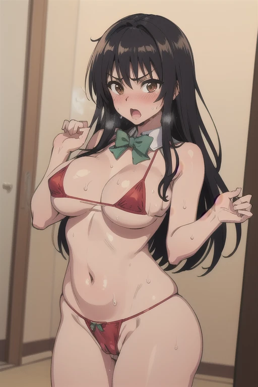 masterpiece,  top quality, defYui,   green bow tie,  Big Breasts ,,  open her mouth ,Blushing Embarrassed,  place your hands on your lower back,  watching viewers, , corridor, fist, (((red micro bikini))(oily),(( lots of sweat )),((camel toe))